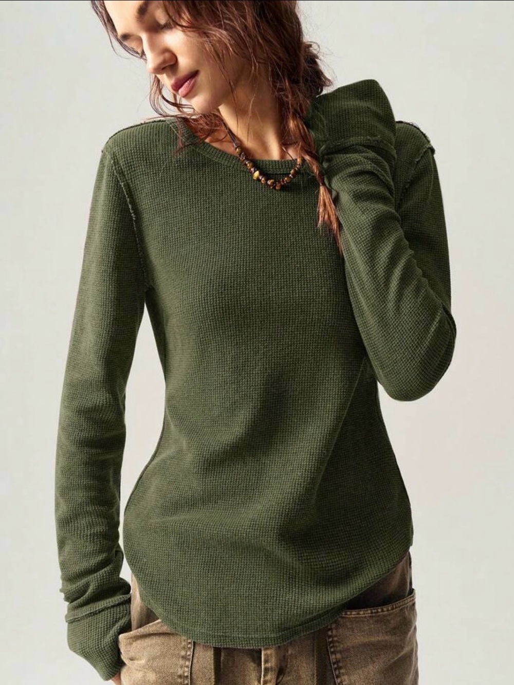 SHEIN Olive Waffle-Knit Long Sleeve Top